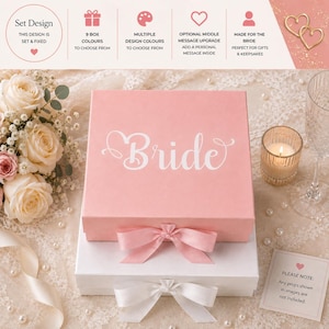 May include: A square pink gift box with a white ribbon bow and the word Bride printed in white script on the lid. The box sits atop a white gift box with a matching white ribbon bow. The top section of the image displays text and icons.