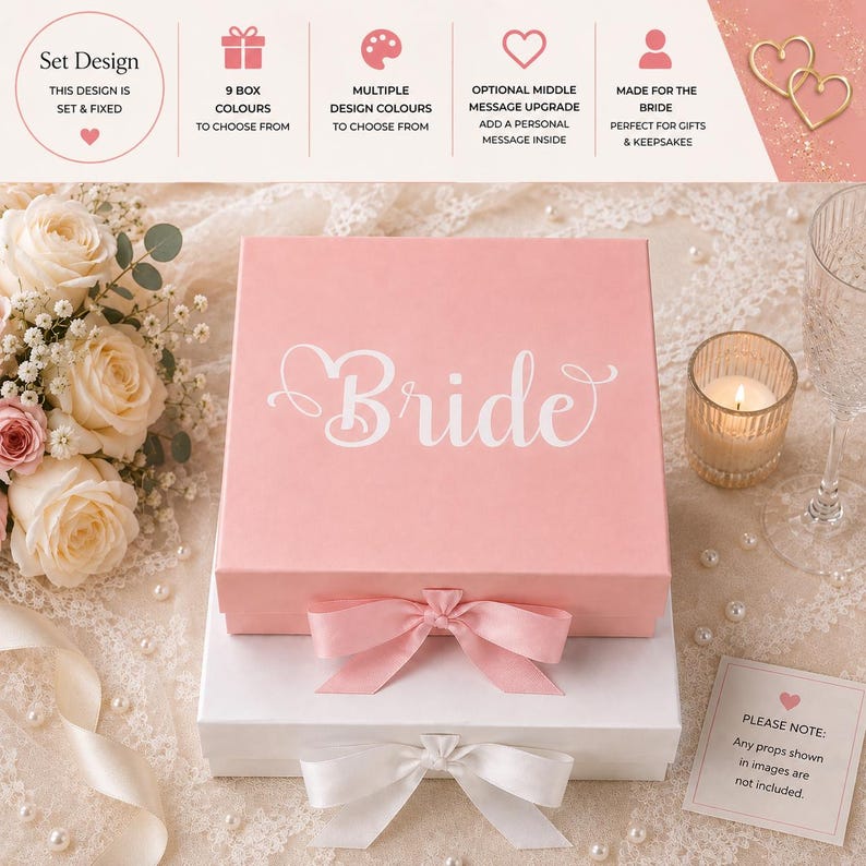 May include: A square pink gift box with a white ribbon bow and the word Bride printed in white script on the lid. The box sits atop a white gift box with a matching white ribbon bow. The top section of the image displays text and icons.