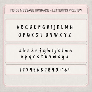 May include: A lettering preview chart titled INSIDE MESSAGE UPGRADE featuring black handwritten-style characters on a light background. The display includes uppercase letters A through Z, lowercase letters a through z, and numbers 0 through 9.