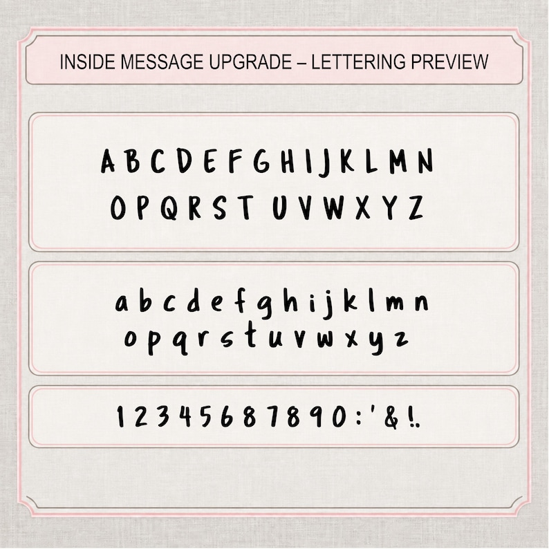 May include: A lettering preview chart titled INSIDE MESSAGE UPGRADE featuring black handwritten-style characters on a light background. The display includes uppercase letters A through Z, lowercase letters a through z, and numbers 0 through 9.