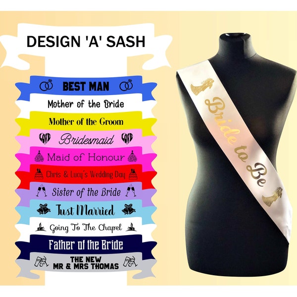 Custom Made Personalised Wedding Satin Sash Sashes Printed Any Name Role Text