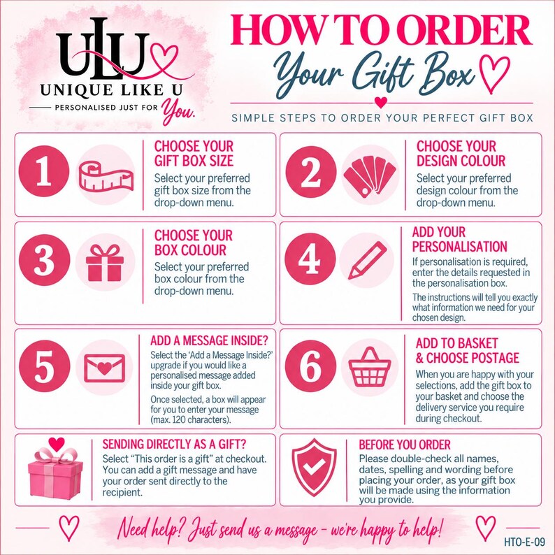 May include: An instructional infographic titled HOW TO ORDER Your Gift Box by UNIQUE LIKE U. It outlines six numbered steps for ordering a personalized gift box, including selecting size, color, design, personalization, messages, and shipping options.