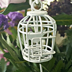 Miniature Hanging Wire Birdcage with Bird - White