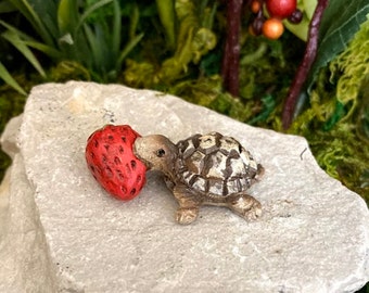 Miniature Teeny Tommy the Turtle with a Strawberry