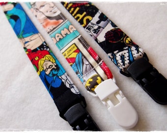 3 DUMMY CLIPS - Superhero Set / Comic Book / Spider Man / Batman / Marvel & DC / Dummy Clip / Dummy Chain / Pacifier Clip / Toy Leash