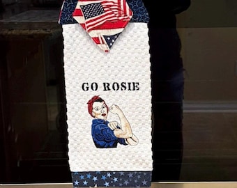 Rosie the Riveter Hanging Kitchen Towel  Embroidered