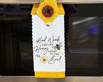 Embroidered Sunflower Hanging Kitchen Towel: Kind Words Waffle Weave