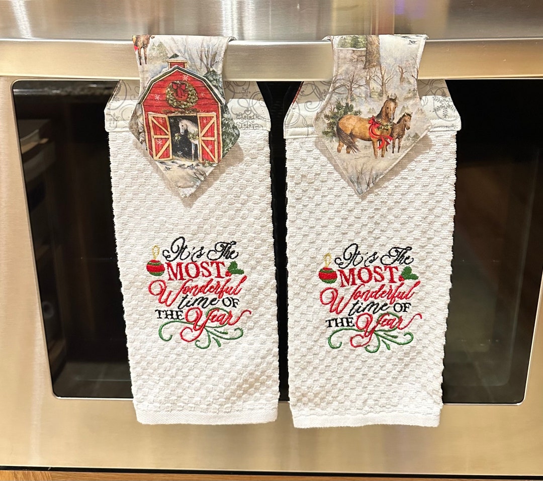 Embroidered Christmas Hanging Towel. Old Country Christmas Horse and