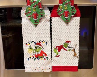 Grinch Christmas Towels Embroidered : White Waffle Weave Hanging Towel