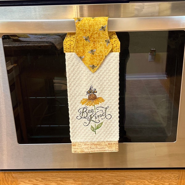 Embroidered Bee Kind Hanging Kitchen Towel Great decorative hanging on the oven door. Great gift item. Bees are necessary for  our food..