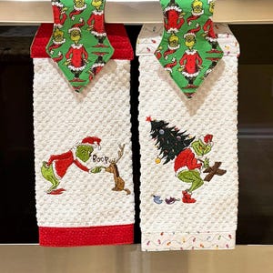 Grinch Christmas Towel Embroidered : White Waffle Weave Hanging Towel