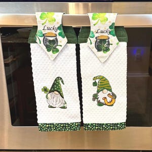 St. Patrick's Day Kitchen Towels Embroidered : Lucky Gnome with Pot of Gold