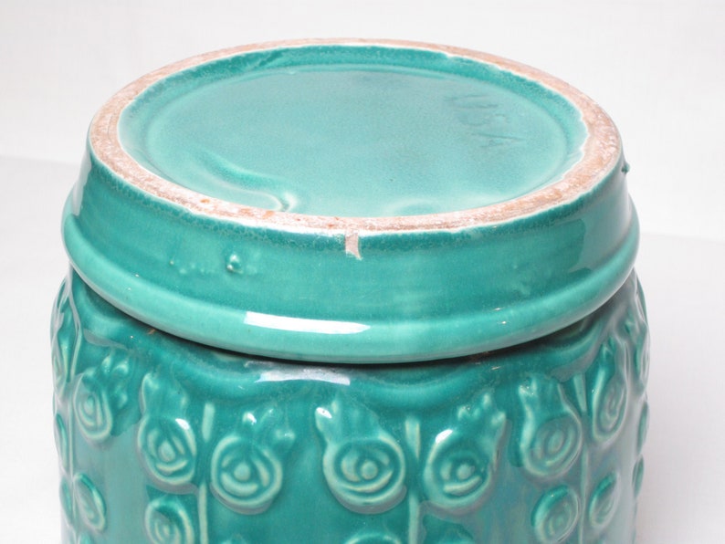 Brush McCoy Pottery Vintage Planter 1930/'s Sylvan Line Hollyhocks Turquoise Planter Attached Saucer