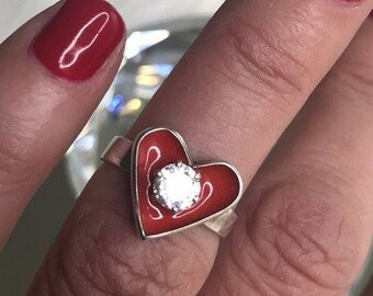 Valentine's Day love Ring Sterling silver Cubic Zirconia love heart red enamel size 6 hand made