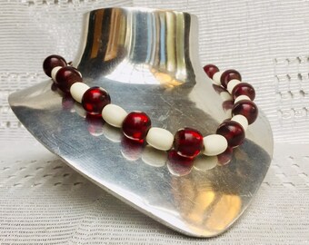 African Horn and Glass Necklace // Handmade Beads // Brown and White Accessory