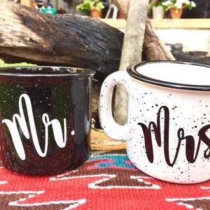 Mr. and Mrs. campfire mug set. Ceramic campfire mugs. Couples mugs. Pretty mugs.Campfire mug. Newlywed gift. Stocking stuffer.