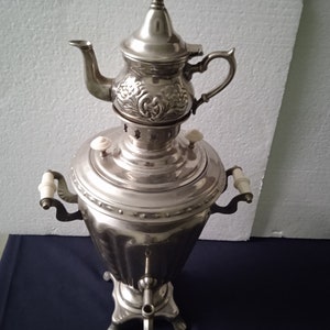 Samovar and Tea Container Set of Two Vintage Russian Produced Silver Color Boiling Water Metal Heated.
