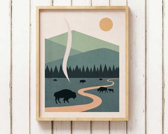 Yellowstone National Park Poster, Yellowstone National Park Print, minimalistic decoration, Wyoming National Park Art