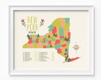 New York State Map, New York nursery map for girls, 2 printable files (JPEG) download and print any size between 5"x7" and 16"x20"