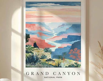 Könnte beinhalten: Ein gerahmter Kunstdruck des Grand Canyon Nationalparks. Das Kunstwerk zeigt eine farbenfrohe Landschaft mit blauen, roten und orangen Farbtönen. Der Text "GRAND CANYON NATIONAL PARK" ist am unteren Rand des Rahmens aufgedruckt.