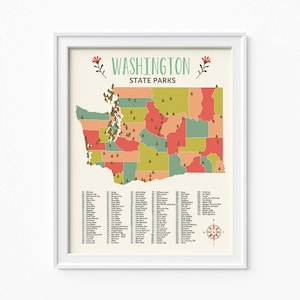 Washington State Parks kaart, 4 afdrukbare bestanden (JPEG) downloaden en afdrukken van elke grootte tussen 5 "x 7" en 16 "x 20"
