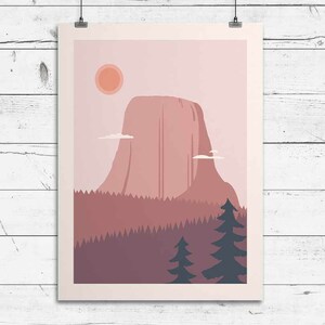 May include: A digital illustration of a pink mountain with a pink sun in the sky and a forest of trees at the base of the mountain.