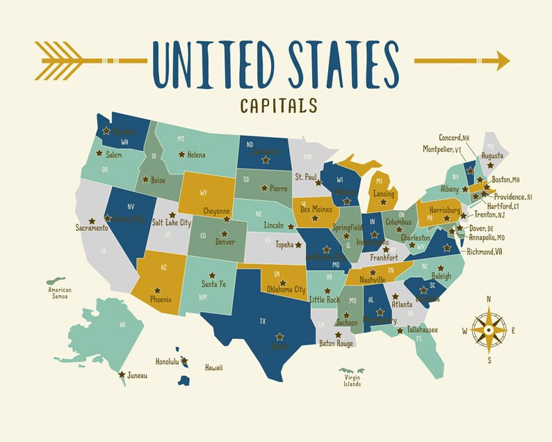 United States map 2 printable files download and print any size between /'5x7 and 16x20 JPEG nursery map for boys