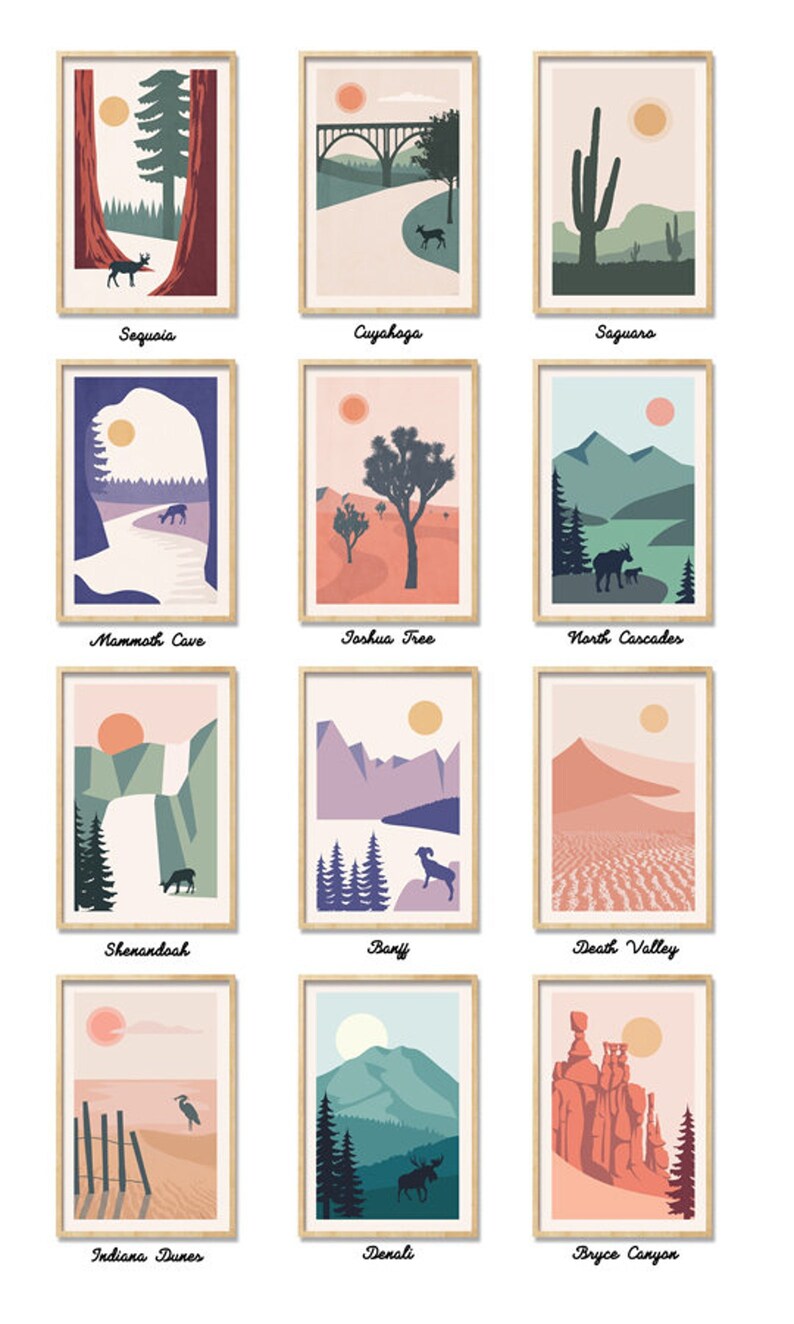 May include: A set of 12 minimalist landscape prints featuring various national parks in the United States. Each print features a simple, geometric design with a muted color palette. The prints are perfect for adding a touch of nature to any room.