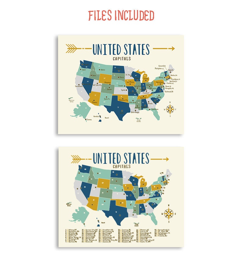 United States map 2 printable files download and print any size between /'5x7 and 16x20 JPEG nursery map for boys