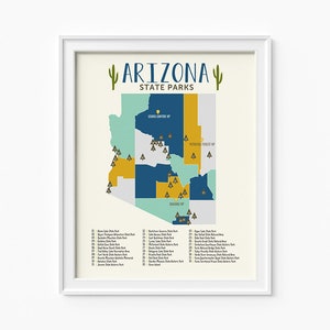 Carte de Arizona parcs d’état de carte, aventure 16 x 20, montagnes, parcs, fleuves, camping art, Chambre des garçons, chambre d’enfants, salle de classe, éducation