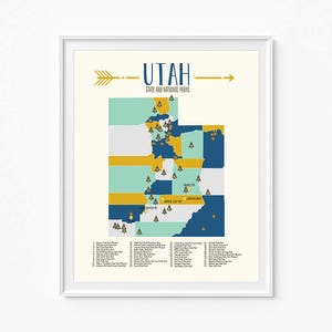 Carte carte de parcs d’État dans l’Utah, aventure 16 x 20, montagnes, parcs, fleuves, camping art, Chambre des garçons, chambre d’enfants, salle de classe, éducation