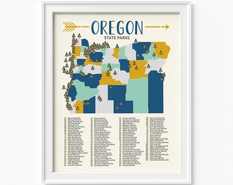 May include: A map of Oregon state parks with a yellow, blue, and green colour scheme. The map shows the location of each state park and includes a list of all the parks with their corresponding numbers.