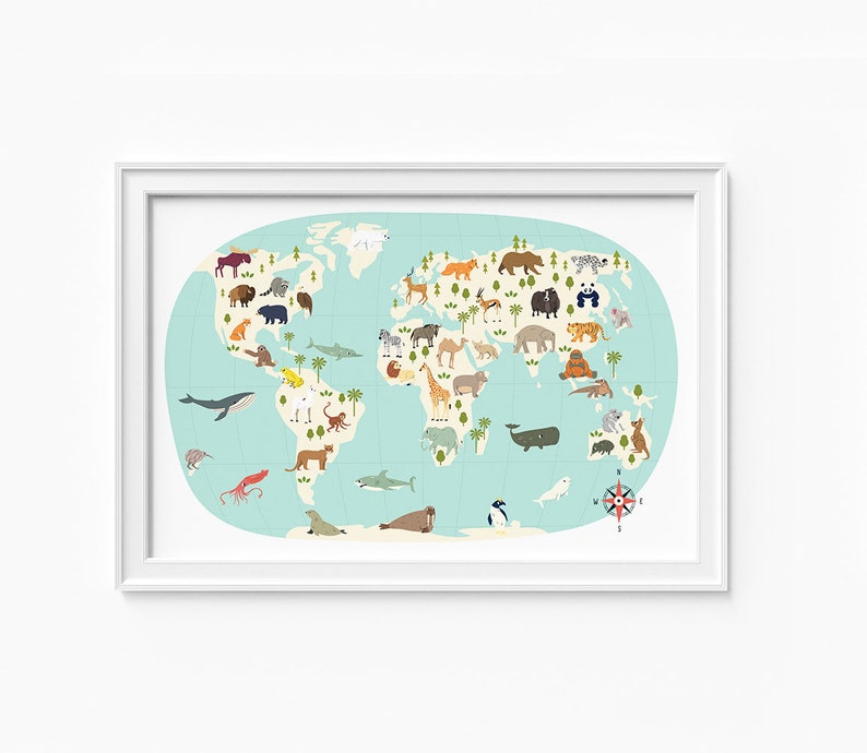 Animal World Map Art Print, Kids Nursery Decor - Etsy