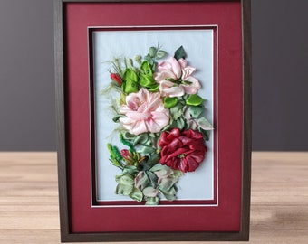 Silk Ribbon Embroidery 3D Picture Roses Embroidery flowers handmade picture