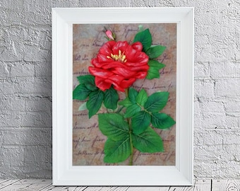 Silk Ribbon Embroidery - Red Rose Wall Decor Gift Picture Framed
