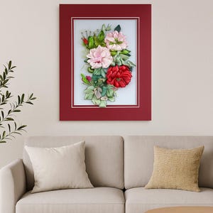 Silk Ribbon Embroidery Wall Art – 3D Roses Handmade Picture – 20×30 cm
