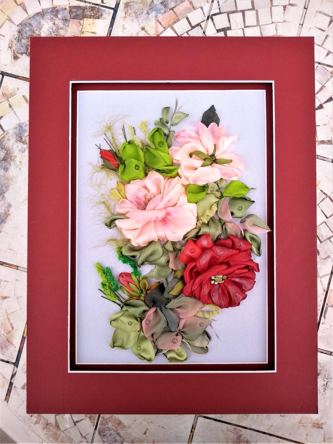 Silk Ribbon Embroidery Floral Wall Art, One of a Kind Textile Artwork ...