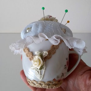 Needle Pillow, Fabric pin cushion a vintage teacup Seamstress Gift