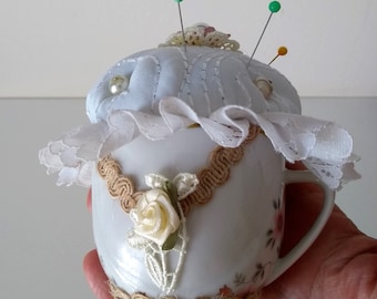 Needle Pillow, Fabric pin cushion a vintage teacup Seamstress Gift