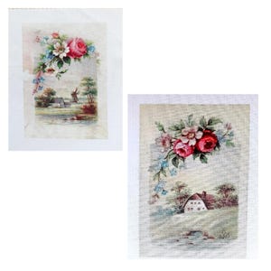 Tissu imprimé paysage rural en patchwork avec bouquet de roses brodées