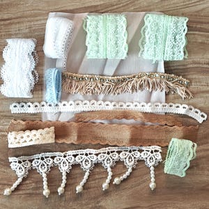 Vintage LACE grab bags for crafting, scrapbooking supplies, mini fabric, lace, mystery grab bag, pack, junk journal, 13 pieces