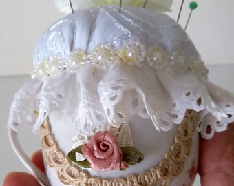 Handmade needle case, A Lacey Teacup Pincushion