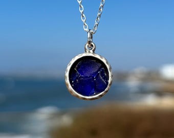 Hammered Circle Sea Glass Silver Pendant Necklace