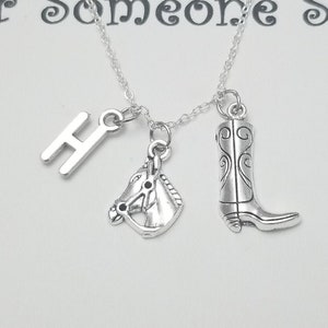 Horse necklace, cowgirl boot silver initial necklace, horse lover girl gift, Equestrian horse girl jewelry, Cowboy necklace, Daughter gift