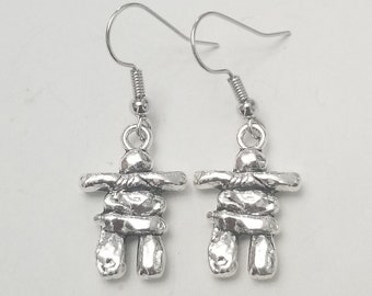 Silver Plated Inukshuk Earrings, Inukshuk Jewelry Findings, Silver Dangle Charm Nature Compass Canadian Jewelry