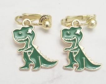 Clip on Dinosaur Non Pierced Earrings for Girls, Silver Plated Green Enamel Dinosaur Party Jewelry, Cute Fun Clip on Dangle Earrings