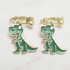 Clip on Dinosaur Non Pierced Earrings for Girls, Silver Plated Green Enamel Dinosaur Party Jewelry, Cute Fun Clip on Dangle Earrings