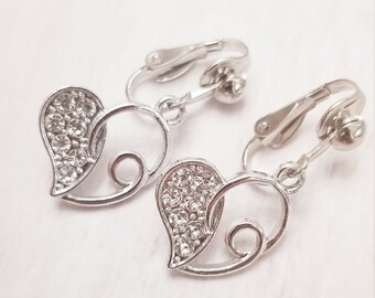 Clip On Heart Non Pierced Earrings, Silver Plated Girls Clip On Earrings Open Heart Homemade Jewelry