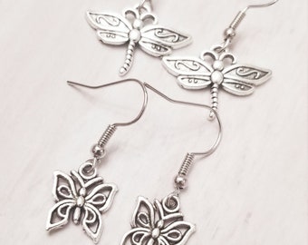 Butterfly and Dragonfly Silver Dangle Earrings: Animal Jewelry