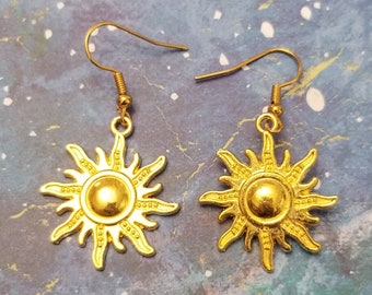 Gold Plated Sun Earrings, Dangling Sun Delicate Summer Jewelry, Cool Funky Handmade Earrings